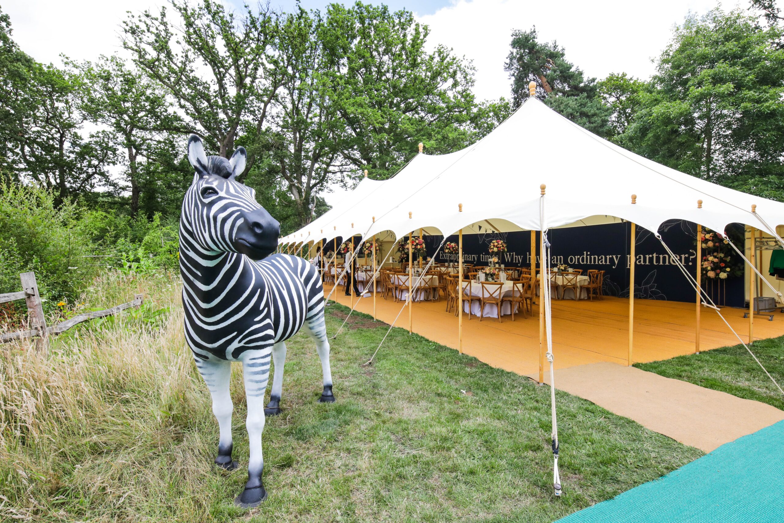 Traditional pole marquee set in countryside with safari-themed décor and zebra statue at outdoor event